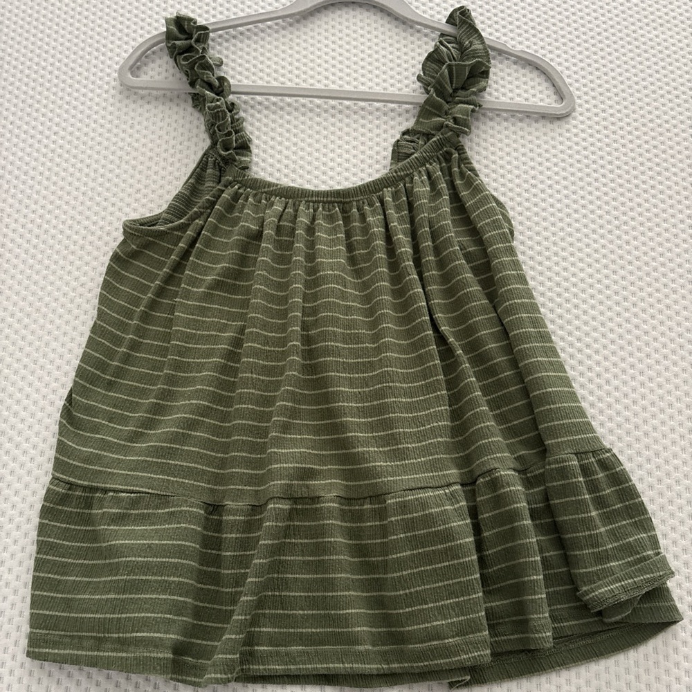Time and Tru Olive Striped Ruffle Top